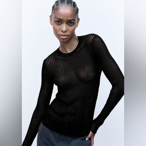 Zara Sheer Ribbed T Shirt Sz M